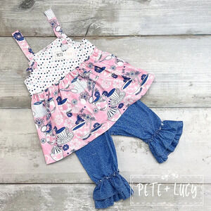 PETE + LUCY Vintage Tea Pink Blue 2 Piece Babydoll Tank Short Set 0-6 Months NEW